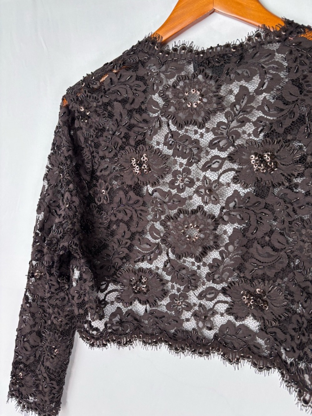 Tadashi Shoji Lace Beaded Bolero Brown Size 14 Womens Elegant Floral - Picture 4 of 6